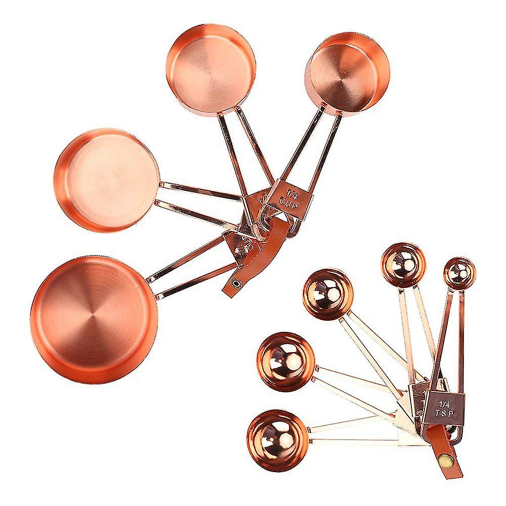 8 Measuring Cups And Spoons Made Of Rose Gold Plated Stainless Steel. Dishwasher Safe. Kitchen Measuring Tools With A Wide Handle