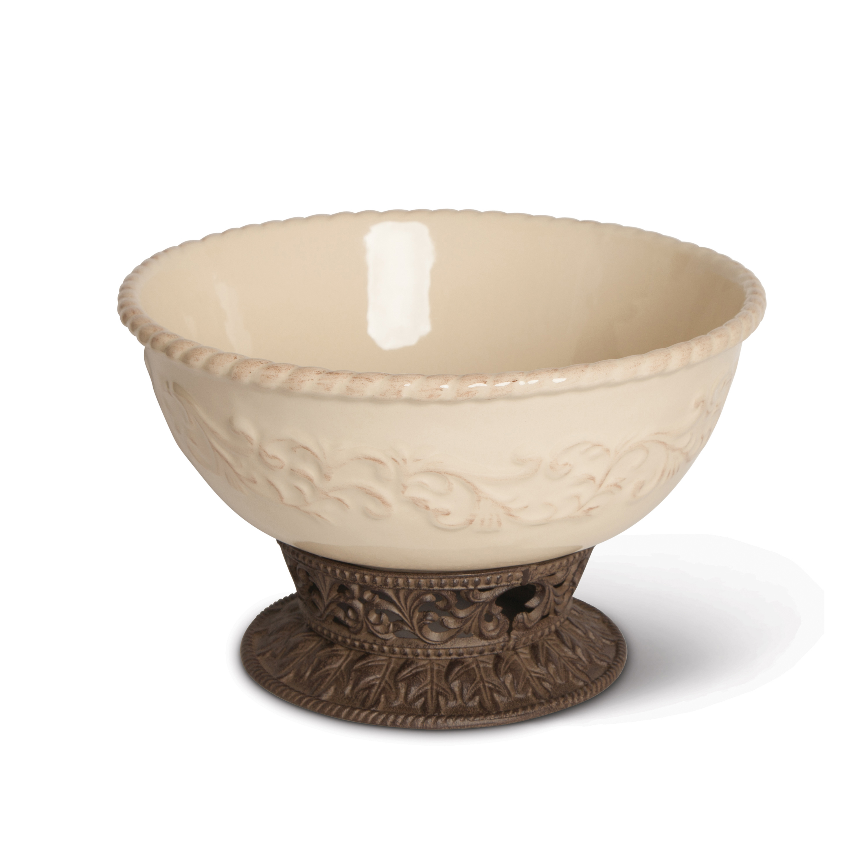 Gerson Detailed Embossed Cream Ceramic 12-Inch Dia. Bowl With Beautiful Acanthus Leaf Scrolled Metal Base