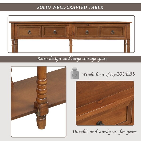 Rectangular Console Table Sofa Table with Drawers and Long Shelf， Walnut