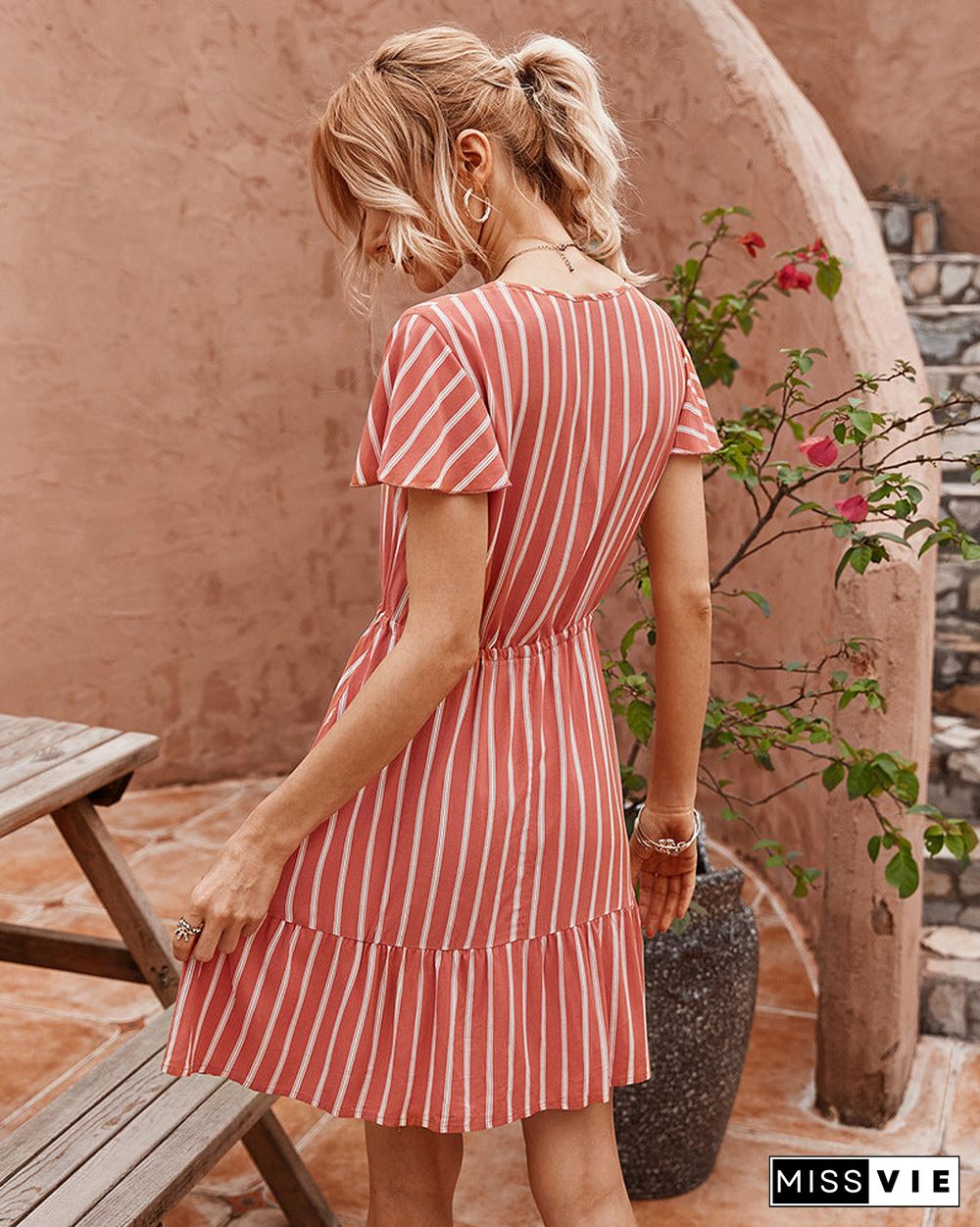 Short Sleeve Striped Short Dress