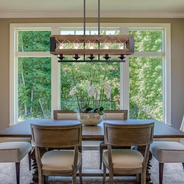 Farmhouse 32-in Linear 5-Light Wood Chandelier Rustic Island Lights