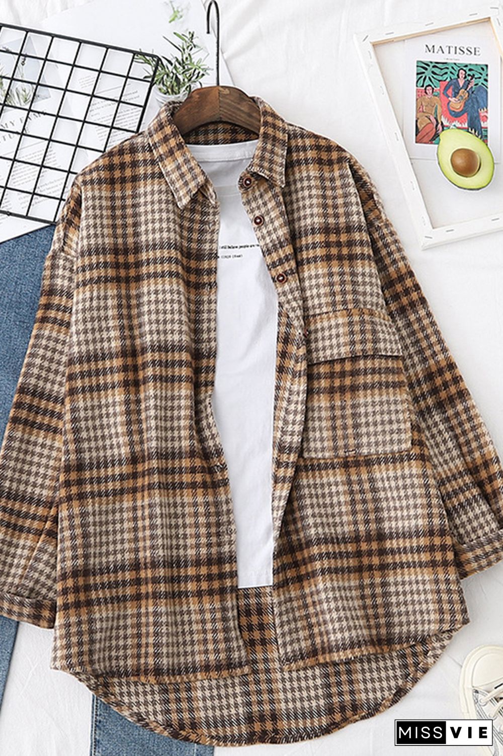 Plaid Button Down Pocketed Shacket Shirts Women Wholesale