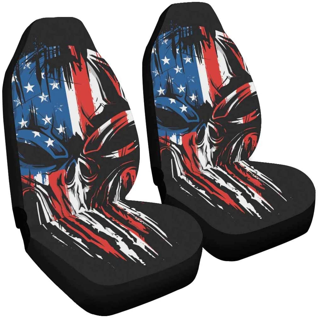 FMSHPON Set of 2 Car Seat Covers American Flag Skull Universal Auto Front Seats Protector Fits for Car，SUV Sedan，Truck