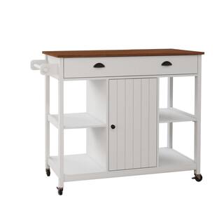 White Solid Wood Top 43.3 in. W Kitchen Island on 5-Wheels with Open Shelves VJ0325KIsland41