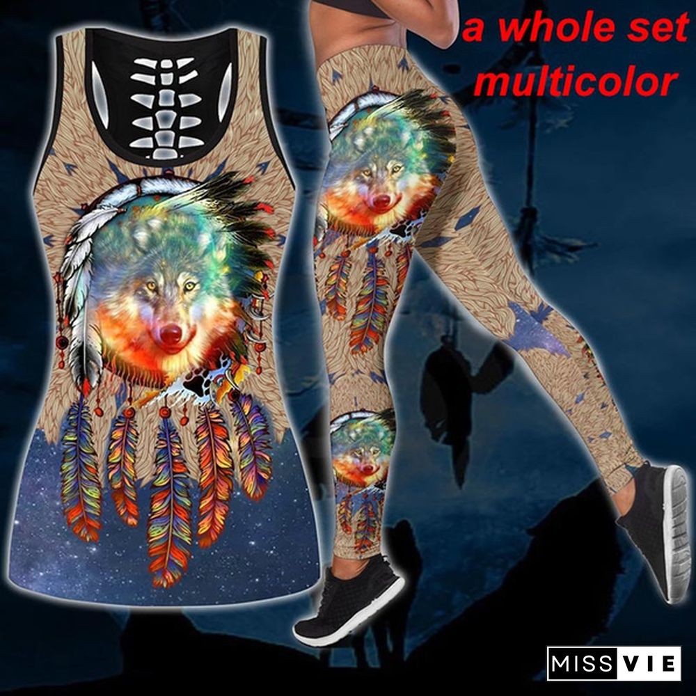 Women Wolf Native American 3D All Over Printed Legging + Hollow Tank Sleeveless Shirt Summer Vest for Women Plus Size Yoga Tank Tops Leggings Suit