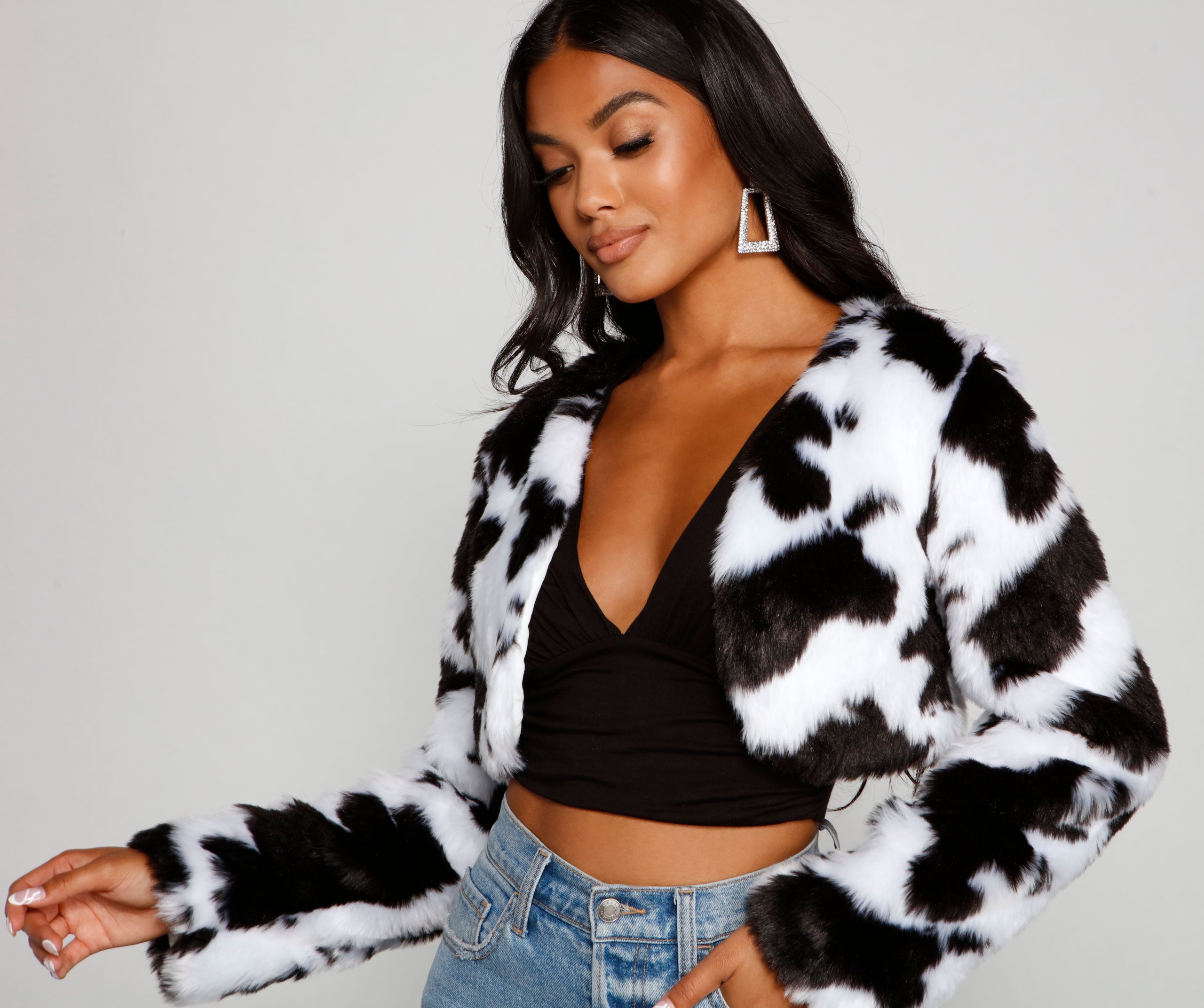 Faux Fur Cropped Cow Print Jacket