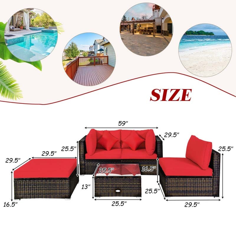 5 Pcs Outdoor Patio Rattan Furniture Sectional Sofa Set Wicker Conversation Set with Cushions