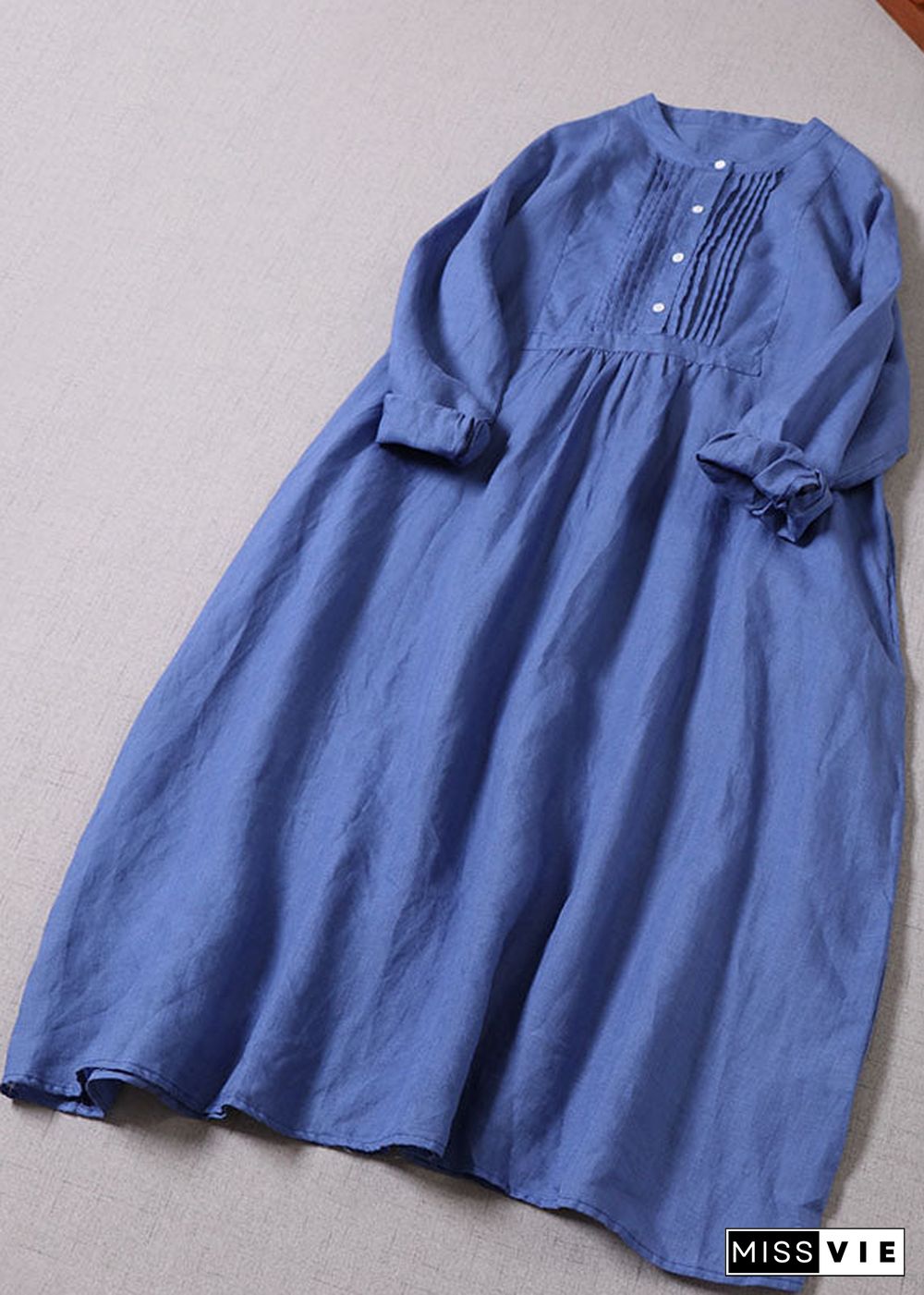 Bohemian Blue Button wrinkled Linen Dresses Long Sleeve