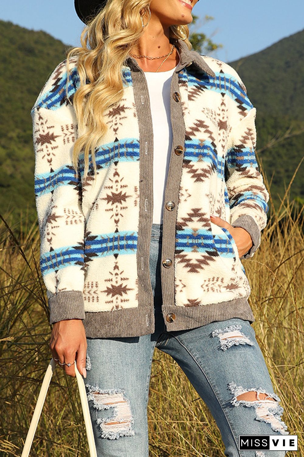 Aztec Print Turn Down Collar Single-breasted Jacket Coat Wholesale