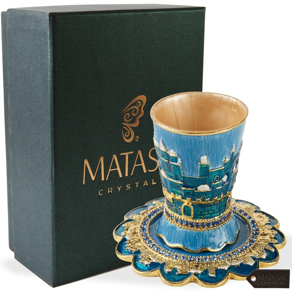 Matashi Hand Painted Enamel 3.3'' Tall Kiddush Cup Set w/ Tray Embellished w/ High Quality Crystals   Jerusalem Cityscape Design