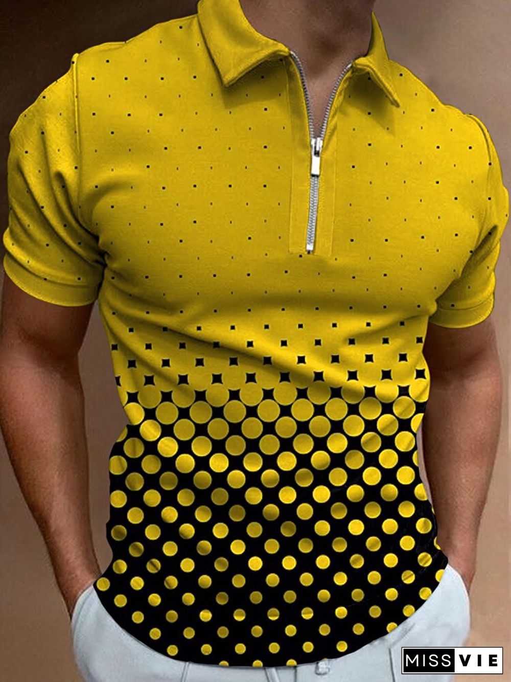 Fashion casual yellow black printed polo shirt