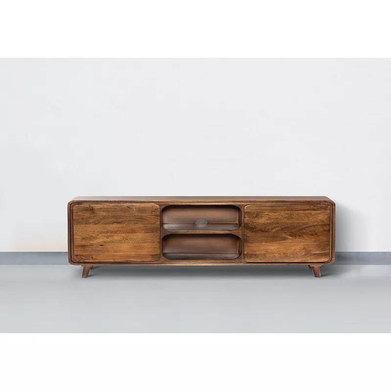 55 Inch TV Media Entertainment Center Console， Mango Wood， 2 Doors， Warm Brown