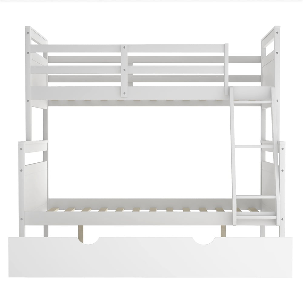 Twin Over Full Bunk Bed, Solid Wood Bed Frame with Trundle, Ladder and Safety Guardrail for Kids Guest Room Bed (White)