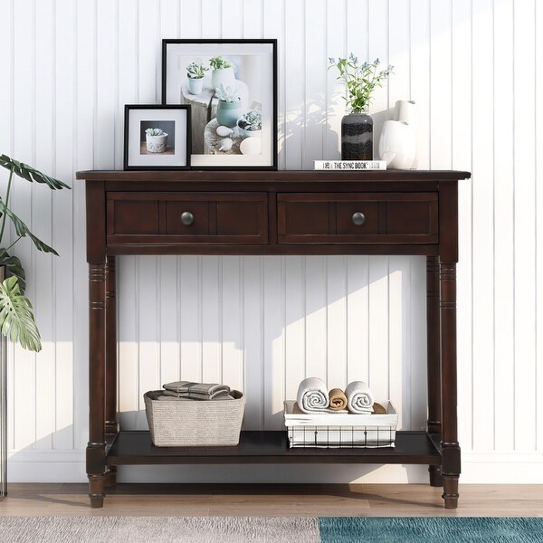 Solid Wood Console Table Side Table with 2 Drawers and Open Bottom Shelf， Traditional Entryway Table Sofa Table for Living Room