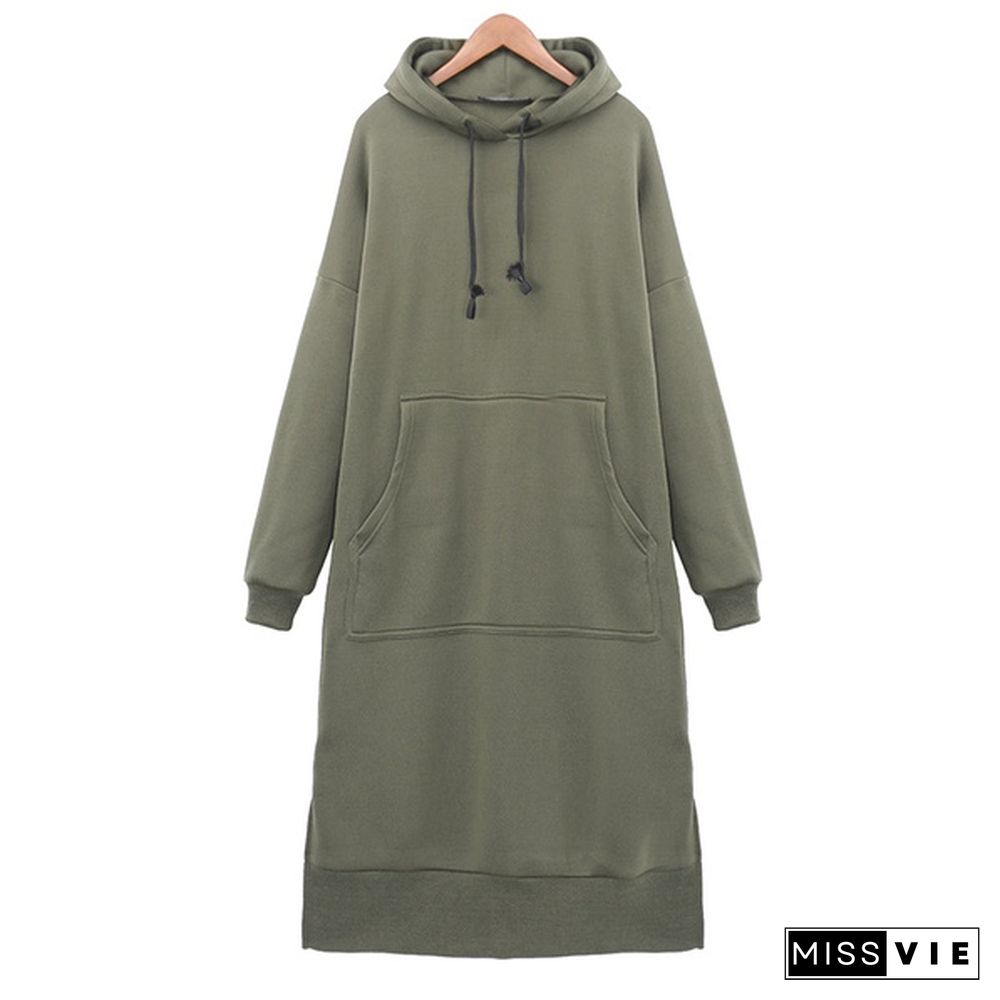 Ladies Hooded Loose Fleece Lined Casual Plus Long Dress Long Hoodies Tops