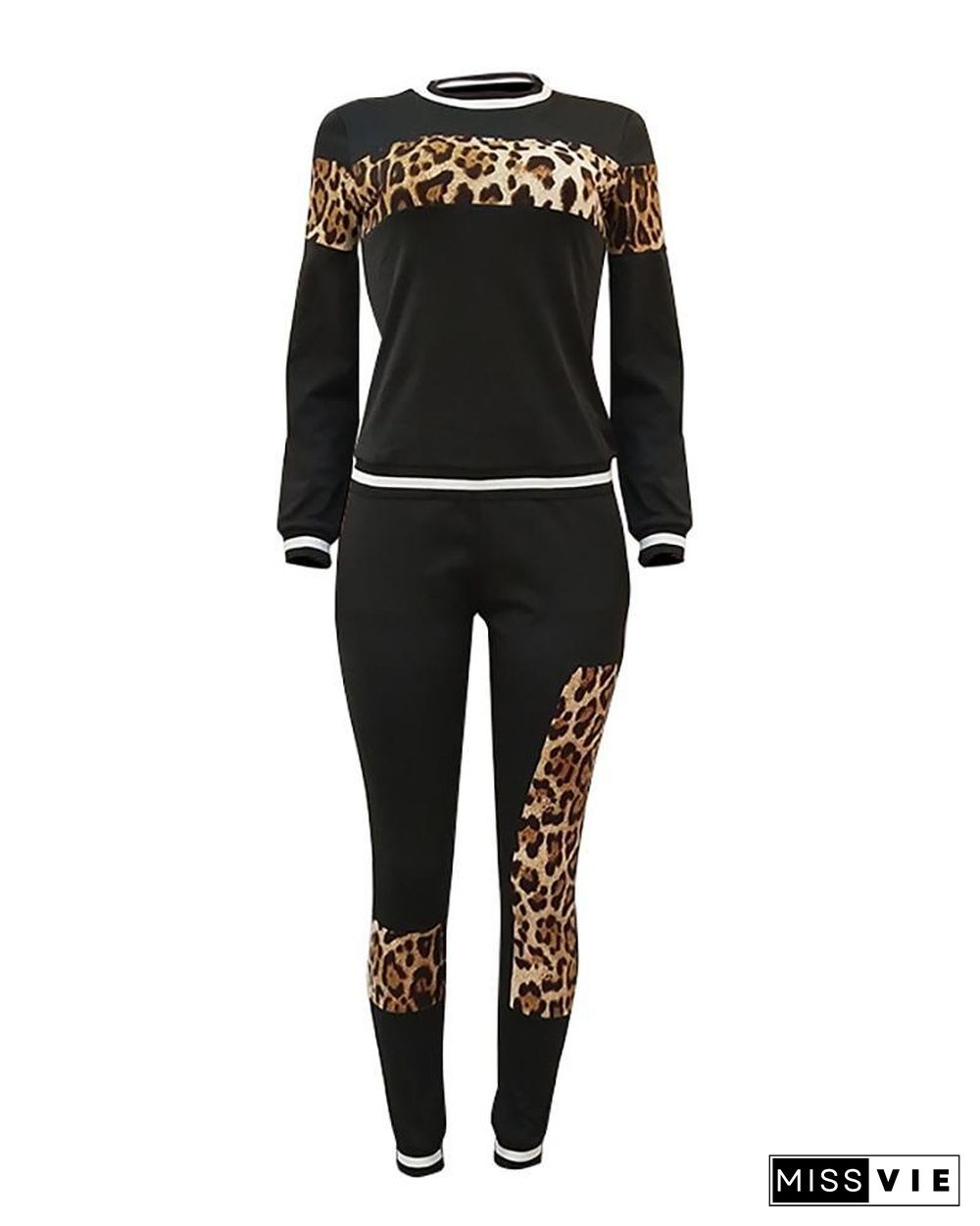 Solid Patchwork Leopard Long Sleeve Top & Pant Sets P15246