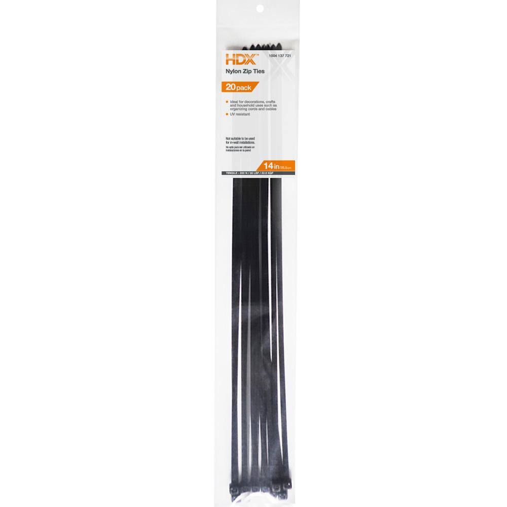 HDX 14 in. UV Resist Zip Ties Black (20-Pack) FT-370STUV(20)