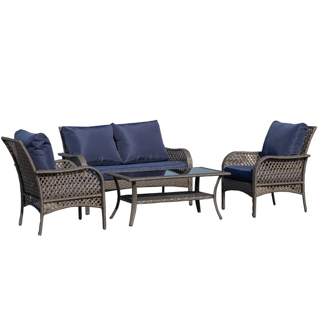 Outsunny 4 piece Outdoor Wicker Sofa Set Outdoor Pe Rattan Conversation Furniture With 4 Chairs amp Table Water fighting Material