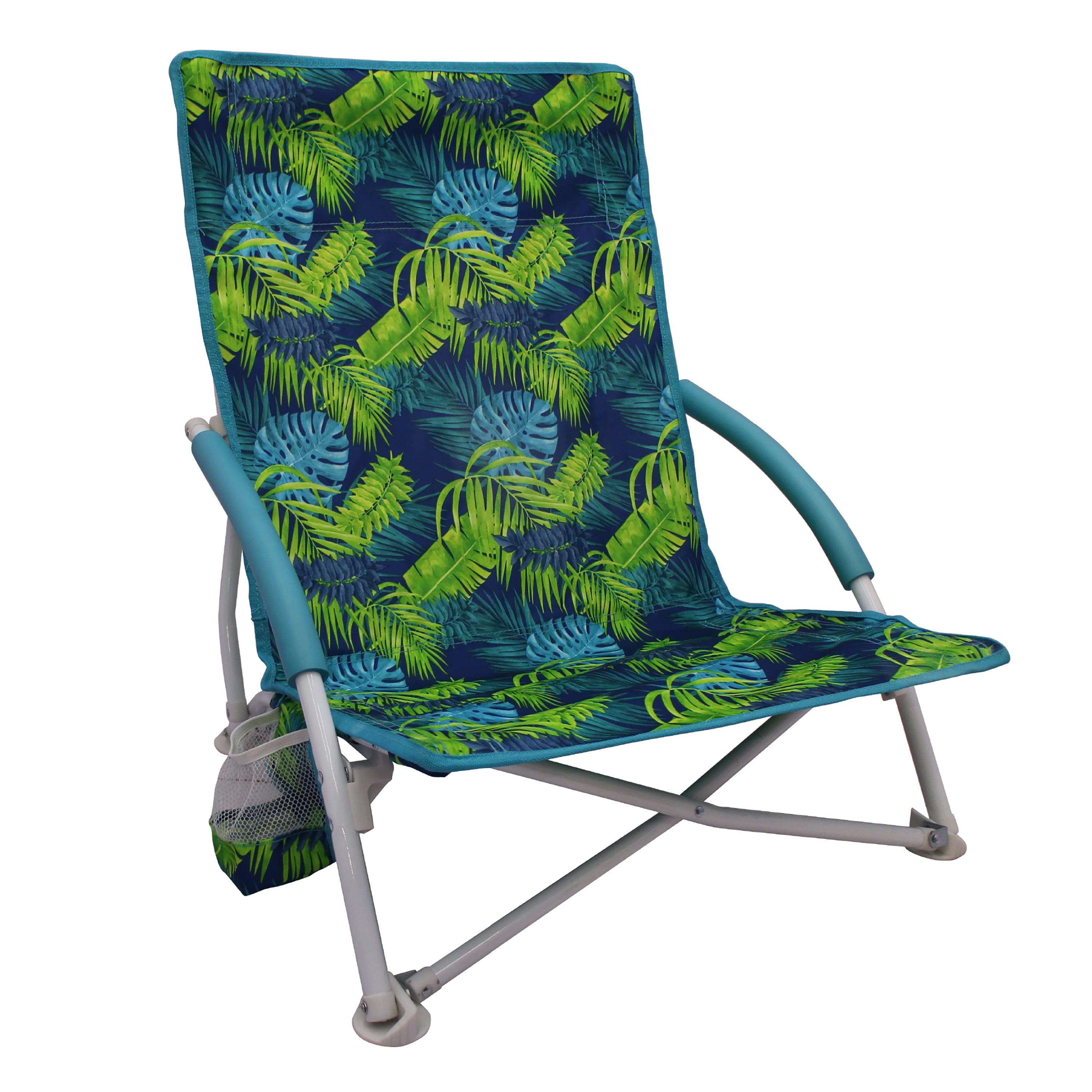 2-Pack Mainstays Folding Low Seat Soft Arm Beach Bag Chair with Carry Bag, Green Palm