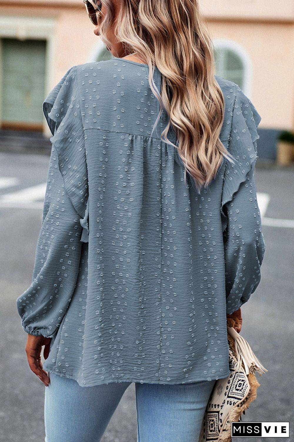 Lace Eyelet Ruffle Shoulder Long Sleeve Blouse