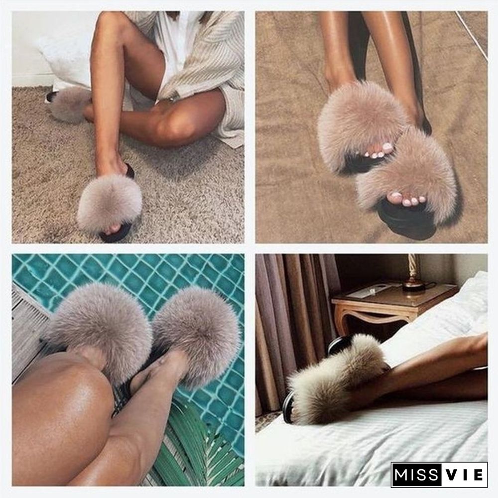 Women New Fashion Fluffy Faux Fur Slippers Sandals Indoor Outdoor Plush Slides Home Flat Shoes