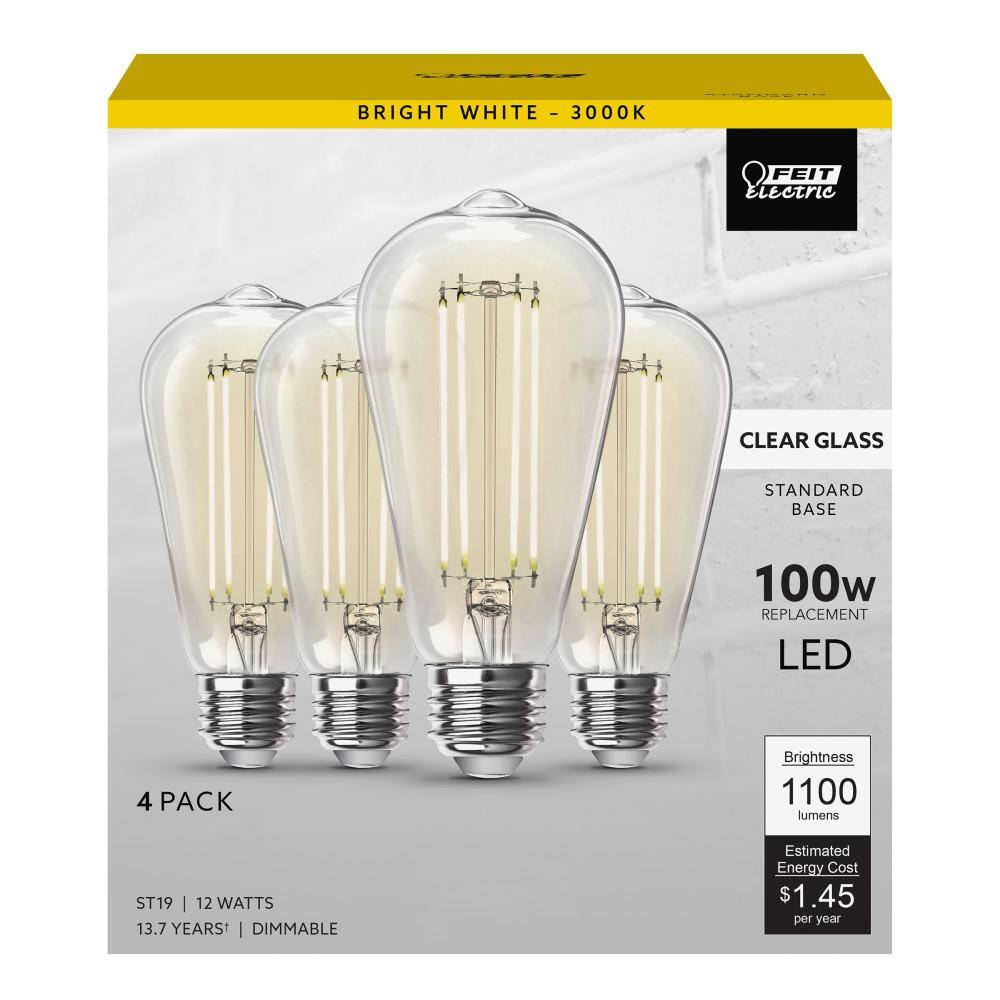 Feit Electric 100-Watt Equivalent ST19 Dimmable Straight Filament Clear Glass Vintage Edison LED Light Bulb Bright White(16-Pack) ST19100CL930CA44