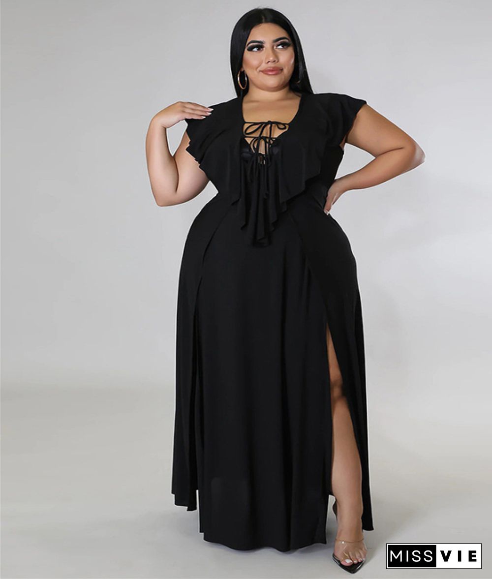 V Neck Sleeveless High Split Plus Size Dresses