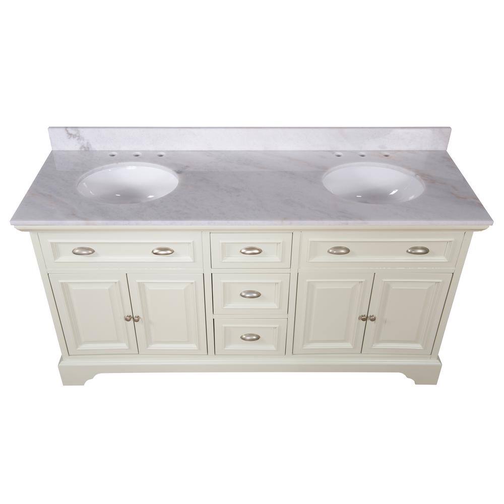 Home Decorators Collection Sadie 67 in. W x 21.5 in. D x 35 in. H Vanity in Matte Pearl with Marble Vanity Top in Natural White with White Sink MD-V2126