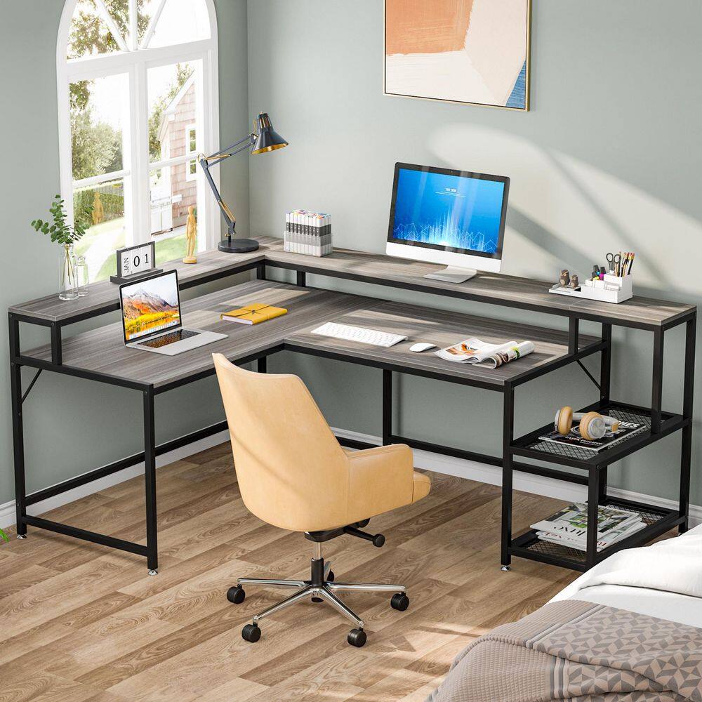 TRIBESIGNS WAY TO ORIGIN Perry 69 in. Grey Reversible Large Corner L Shaped Computer Writing Desk Monitor Stand Storage Shelf Home Office HD-JW0364-WZZ