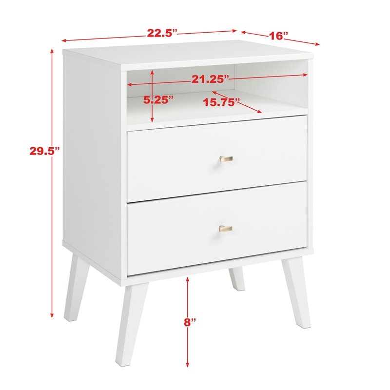 Maddie Home Sea Breeze Mid Century 2 Drawer Tall Wood Nightstand in White