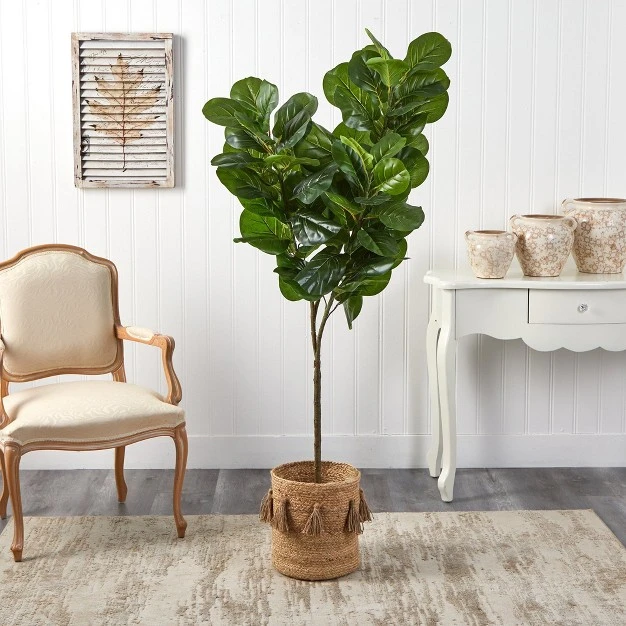 Nearly Natural 6-ft Fiddle Leaf Fig Artificial Tree In Handmade Natural Jute Planter With Tassels