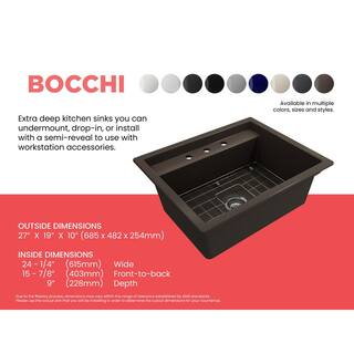 BOCCHI Baveno Uno Matte Brown Fireclay 27 in. Single Bowl UndermountDrop-In 3-hole Kitchen Sink wIntegrated WS and Acc. 1633-025-0127