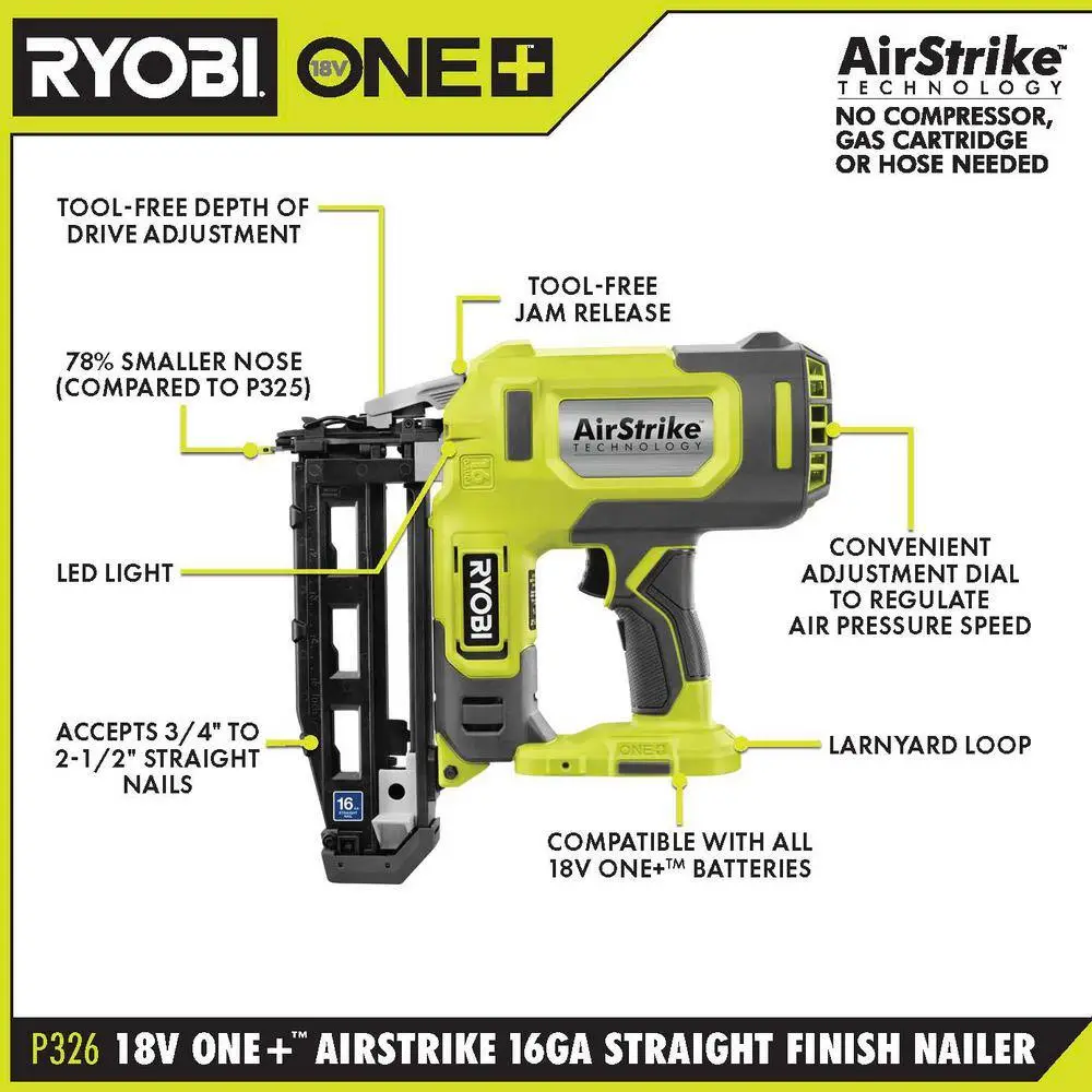RYOBI ONE+ 18V 16-Gauge Cordless AirStrike Finish Nailer with 1.5 Ah Battery and Charger