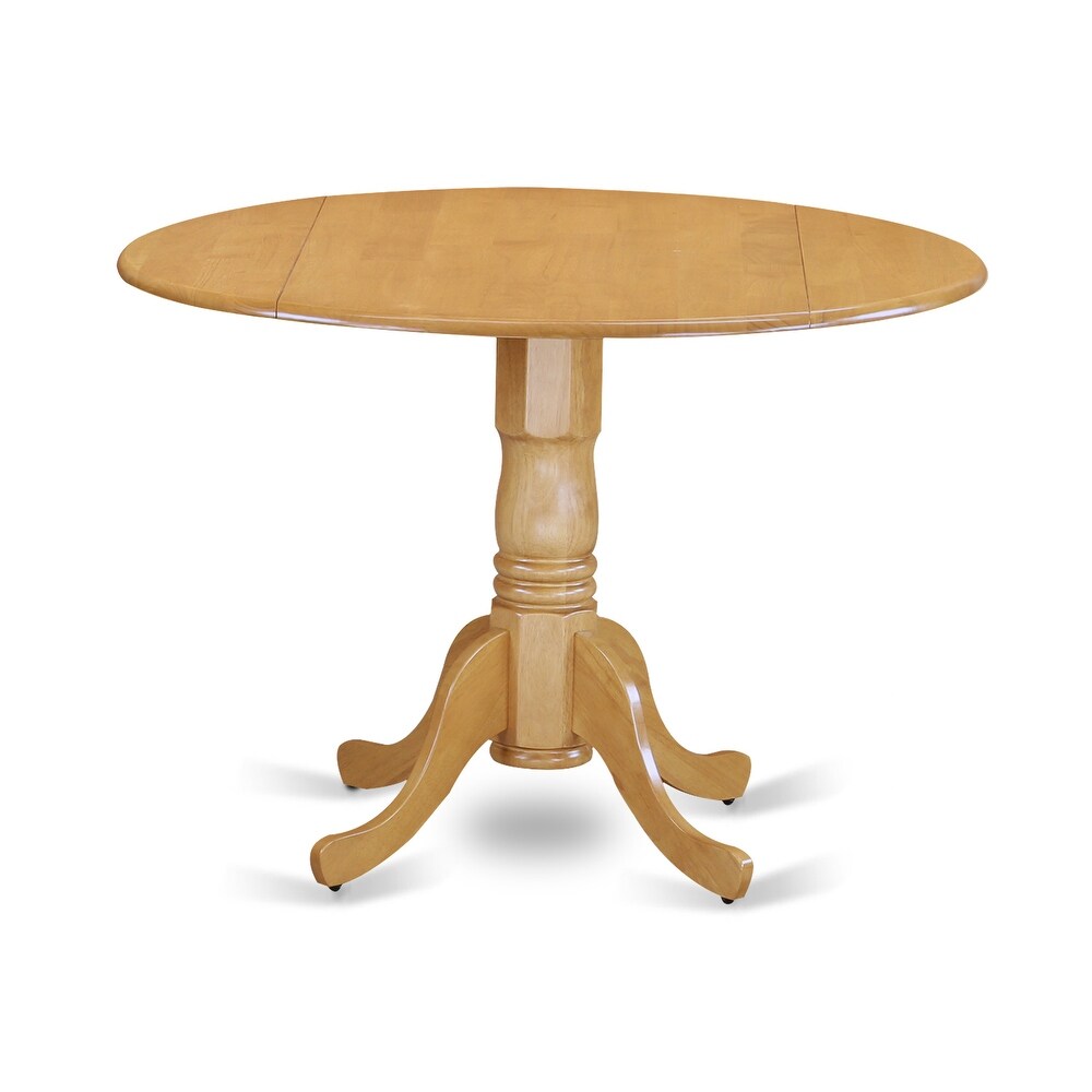 East West Furniture 3 Piece Dining Table Set Contains a Round Dining Room Table with Dropleaf and 2 Wood Seat Chairs  Oak