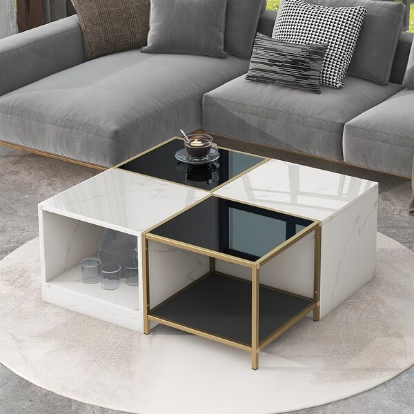 2-layer High Gloss White Marble Finish Coffee Table with Metal Frame