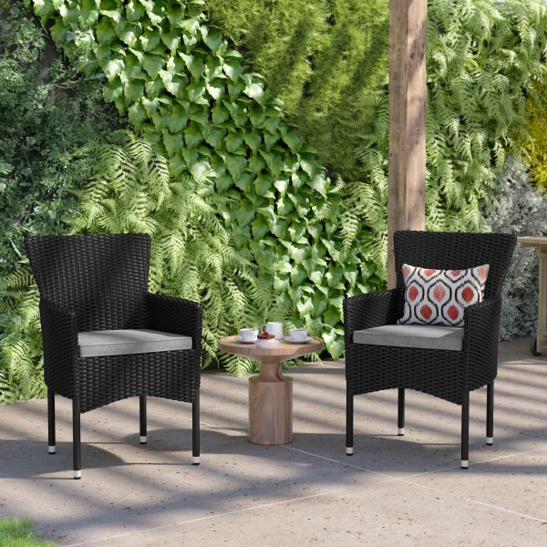 Maxim Modern Black Wicker Patio Armchairs for Deck or Backyard， Fade and Weather-Resistant Frames and Gray Cushions-Set of 2