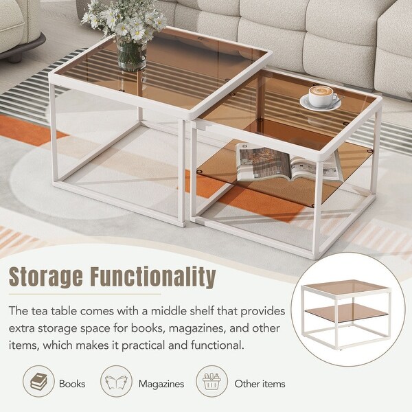 Adjustable 2Tier Nested Coffee Table with Highlow Glass with Metal