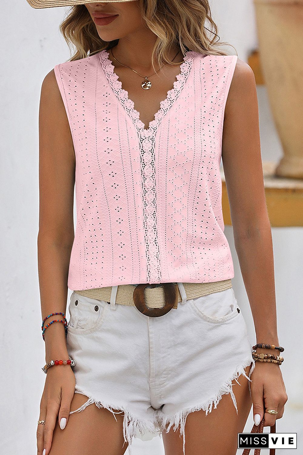 Plain V Neck Lace Edge Eyelet Pattern Tank Top