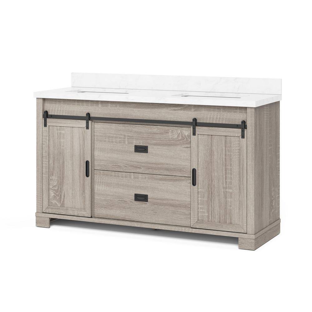 Glacier Bay Brindley 60 in. W x 20 in. D x 34.5 in. H Barn Door Bath Vanity in Weathered Gray with Engineered Stone Top HDBD60VG