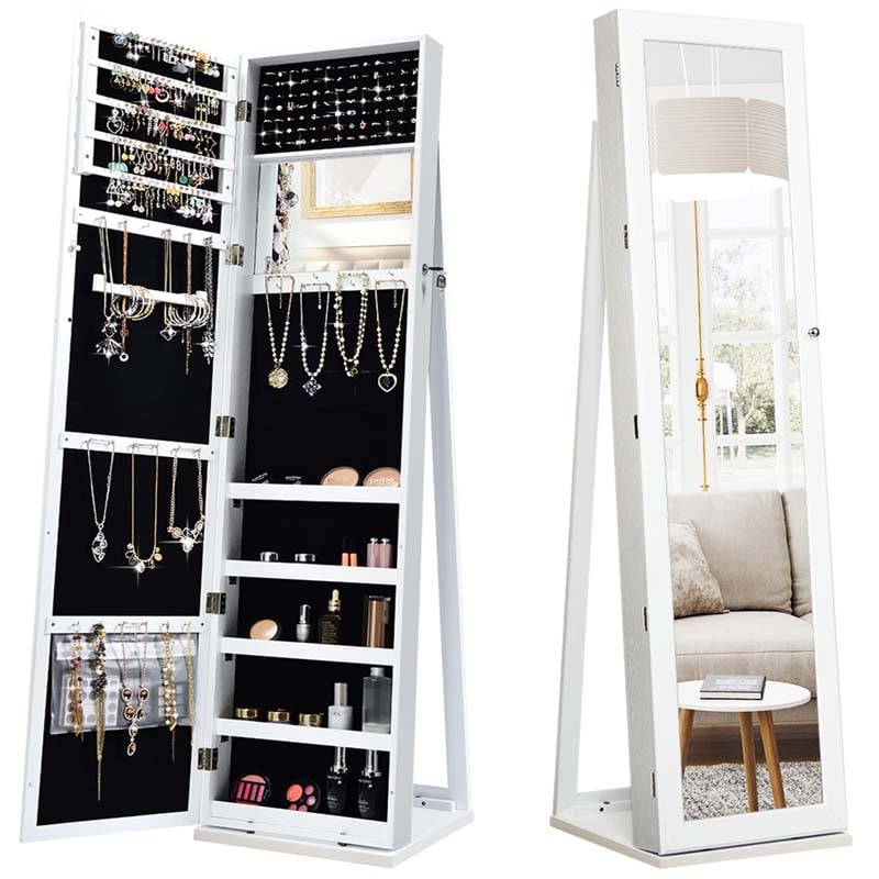 Full-Length Mirror Standing Jewelry Armoire with Inside Makeup Mirror, 2-in-1 Lockable Jewelry Cabinet Organizer