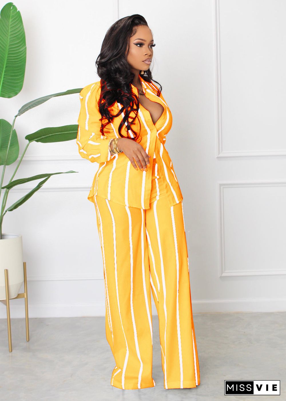 Striped Print Shirt and Wide Leg Pants 2 Piece Set