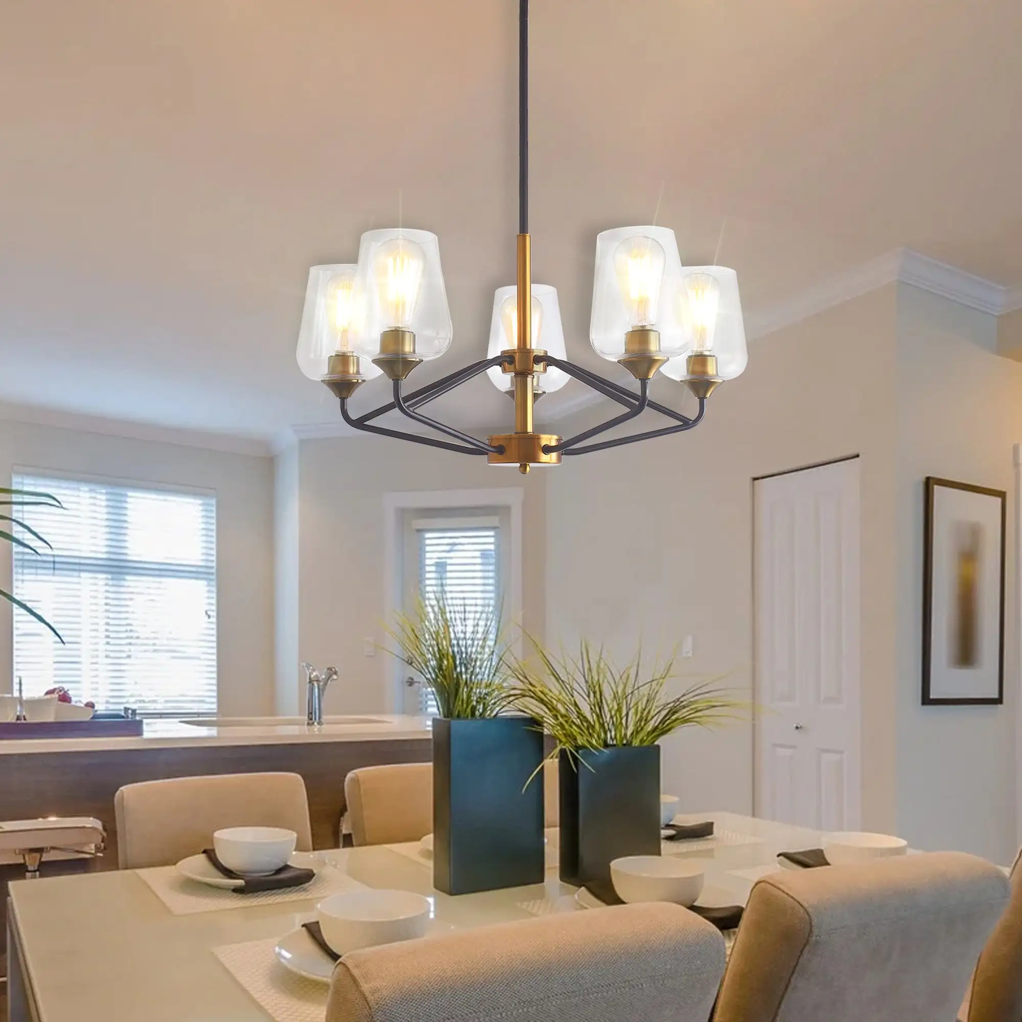 Modern Farmhouse 5-Light Iron Linear Chandelier Glass Shade Lights Shopping - The Best Deals on Chandeliers
