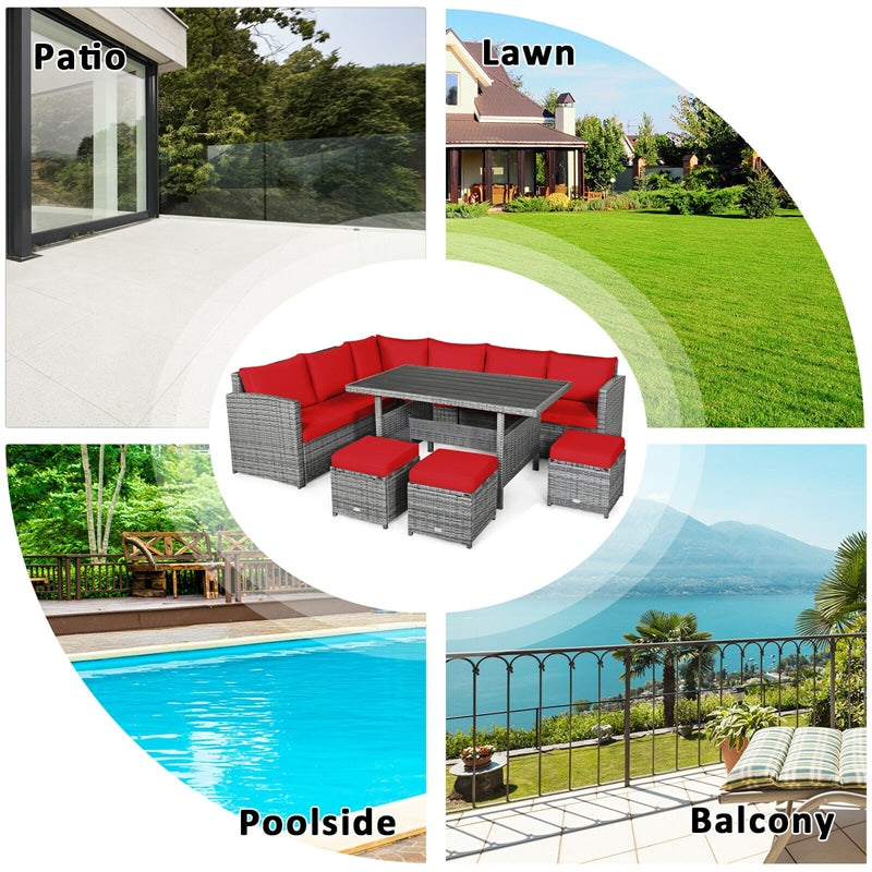 7 Pcs Rattan Patio Dining Furniture Sectional Sofa Set with Dining Table, Ottomans & Cushions