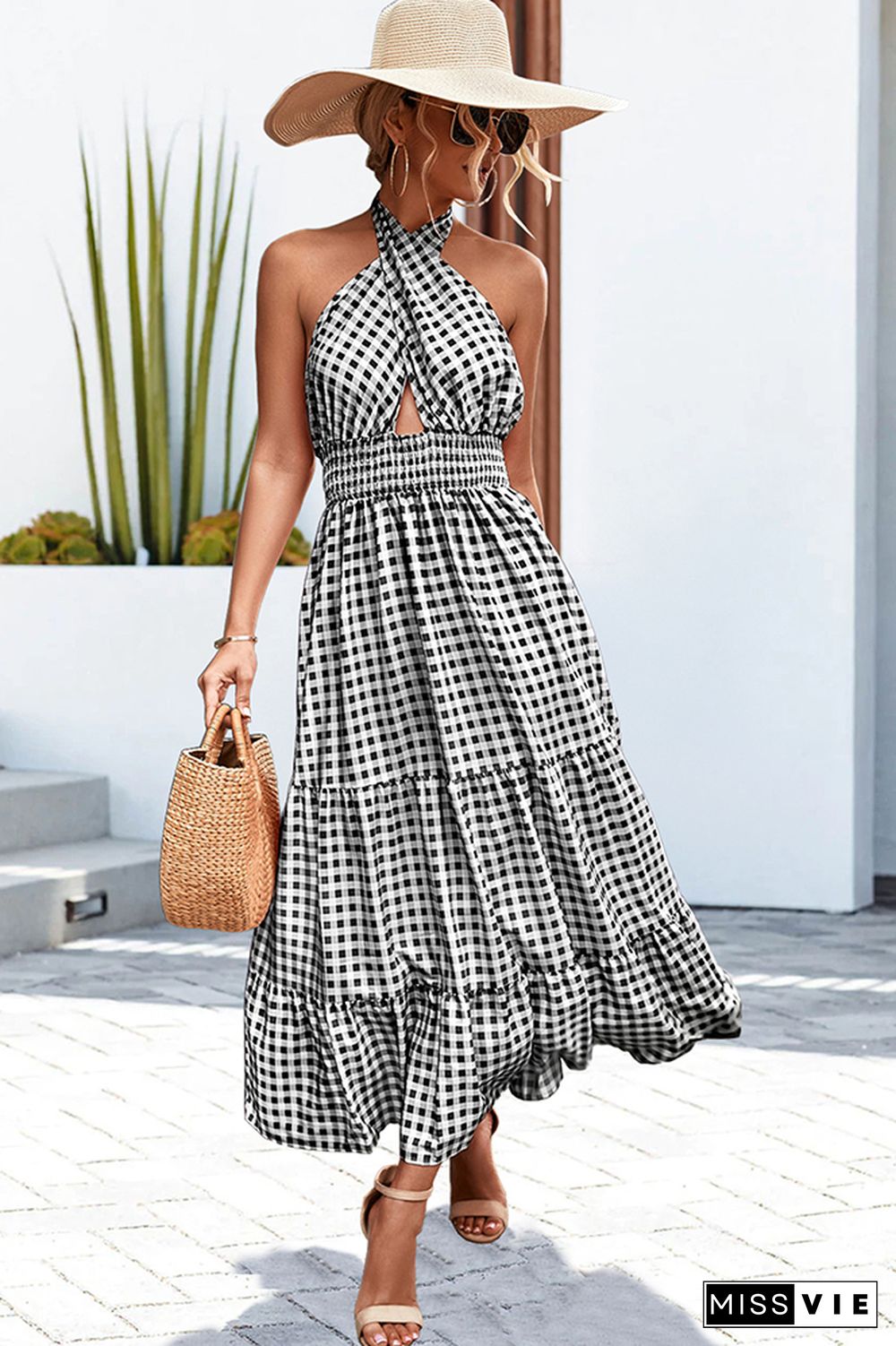 Halter Wrap Splicing Plaid Floral Dress