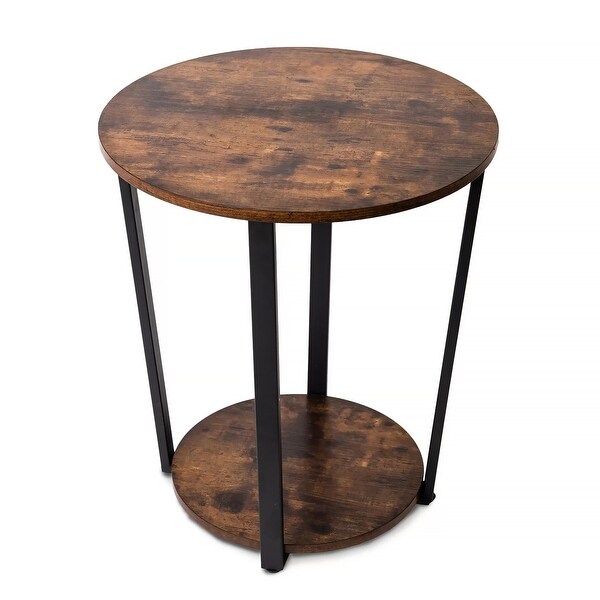 Vintage 2-Tier Round Side Table / End Table，Rustic Brown