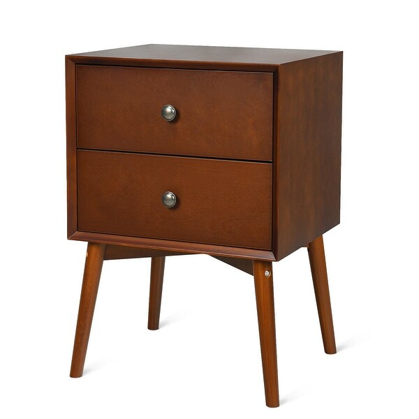 Nightstand Mid-Century End Side Table with 2 Drawers and Rubber Wood Legs - - 35551513