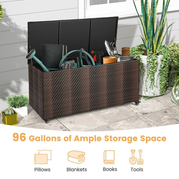 Tangkula 96 Gallon Outdoor Storage Box Pe Wicker Deck Box With 4 Wheels amp Waterproof Liner Patio Rattan Storage Container Mix Brown mix Grey