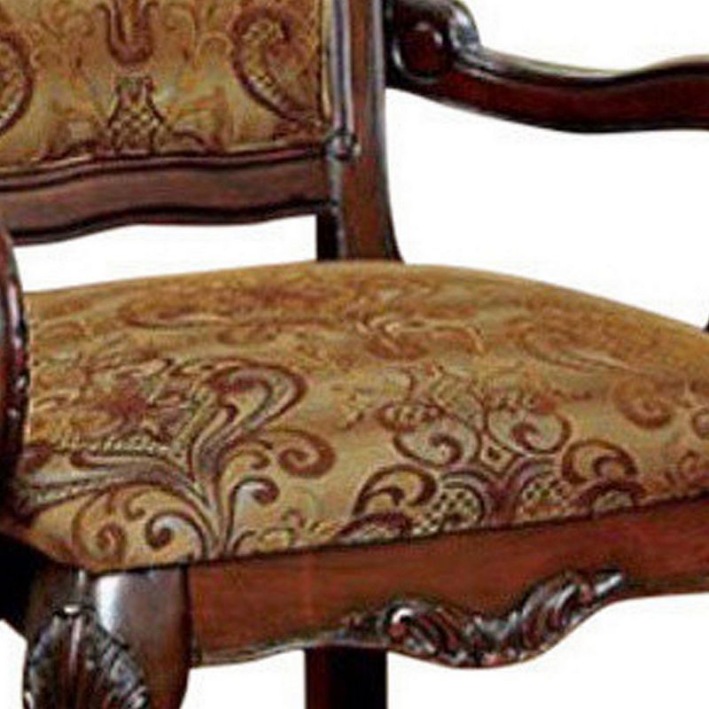 Traditional Fabric Upholstered Arm Chair with Carving， Set of 2， Brown