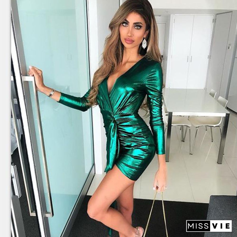 Spring Wrap Bandage Bodycon Dresses Women Deep V Neck Mini Sexy Dress Colorful Elegant Green Summer Party Dress Vestidos