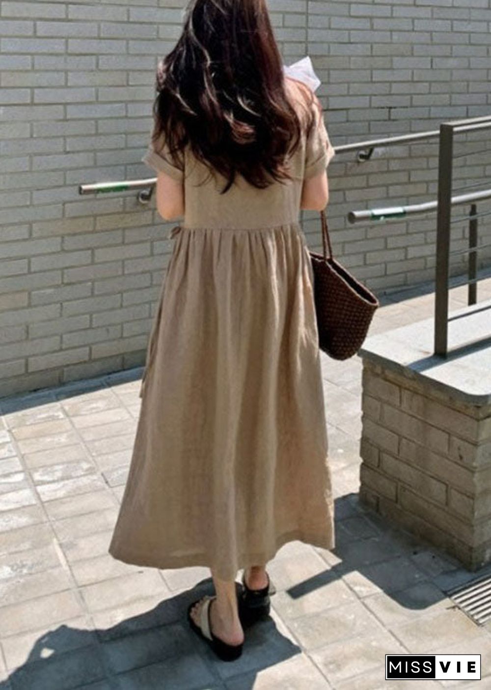 Chic Khaki Peter Pan Collar Patchwork Linen Long Dress Short Sleeve